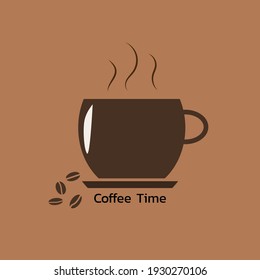 Coffee Cup with smoke and Coffee beans on Brown Background for Logo,Branner,Advertise.Business,Cafe,SME Concept