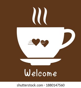 Coffee cup with smoke, hearts and hand written font  on brown sign vector.