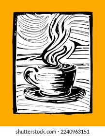 coffee cup with smoke in lino print style. lino cut print poster