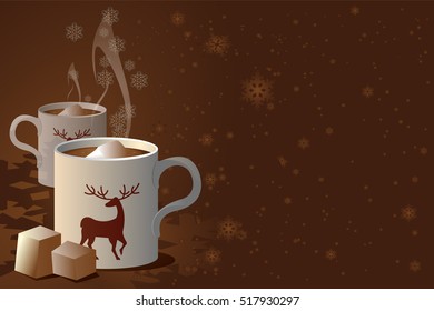 Coffee cup, snowflakes, marshmallow, xmas - vector background.