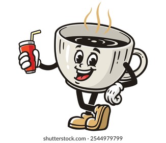 Coffee Cup with soft drink, Cartoon Mascot Illustration Character Vector Retro Vintage Clip-art Hand-drawn Logo Design