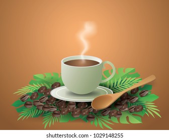 Coffee cup with soft smoke,coffee spoon and coffee bean on nature background,vector and illustration.