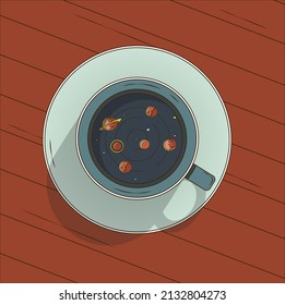 Café con ilustración del sistema solar aislado en el fondo rojo
