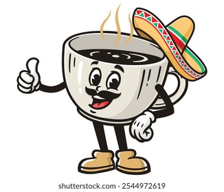 Xícara de café com sombrero, Desenho Animado Mascote Ilustração Personagem Vetor Retro Vintage Clip-art Desenhado à mão Logo Design