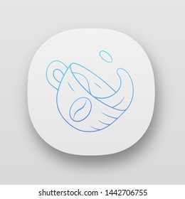 Coffee cup with splash app icon. Brewed breakfast drink. Hot steaming coffee mug. Espresso, cappuccino beverage. UI/UX user interface. Web or mobile applications. Vector isolated illustrations