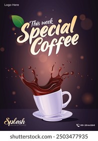 Coffee cup splash banner design Digital drawing coffee ads light background