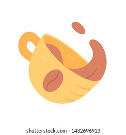 Coffee cup with splash flat design long shadow color icon. Brewed, breakfast drink. Bar, restaurant, cafeteria menu. Hot steaming coffee mug. Espresso, latte beverage. Vector silhouette illustration