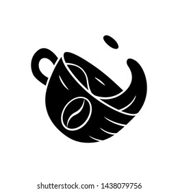 Coffee cup with splash glyph icon. Brewed breakfast drink. Bar, restaurant menu. Hot steaming coffee mug. Espresso, cappuccino beverage. Silhouette symbol. Negative space. Vector isolated illustration