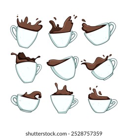 Kaffeetasse Splash Set Cartoon. verschüttete Flüssigkeit, Koffein Espresso, Dampf Aroma Kaffeetasse Spritzer Zeichen. einzelne Symbol, Vektorgrafik