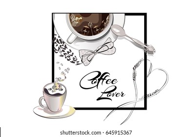 Coffee cup with a spoon and coffee beans decorated with a bow. Hand drawn vector. T-shirt design.