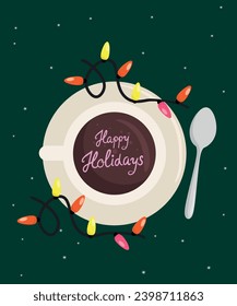 Coffee Cup and Spoon with Christmas Tree Lights