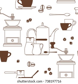 Coffee cup, spoon, cubes of sugar, beans, pitcher, cezve, grinder, pot. Linear icons. Seamless vector background.