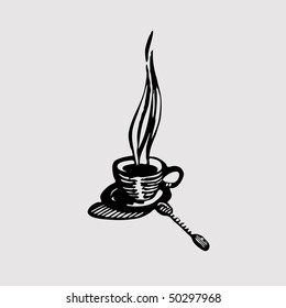 Coffee cup and spoon done in woodcut style.