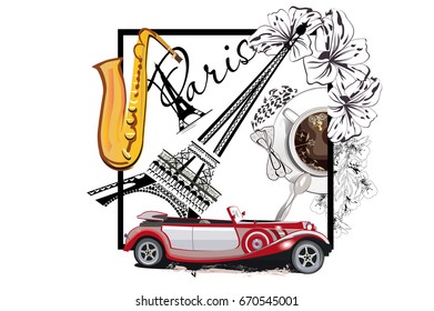 Coffee cup with a spoon and the Eiffel tower. Saxophone and a retro car. Hand drawn vector. 