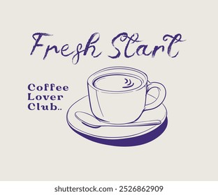 xícara de café com colher mão desenhada vetor ilustração, projeto do vetor do clube do amante do café, tipografia de início fresco, arte do café vintage para t shirt, adesivo, cartaz, pintura de parede, impressão gráfica  