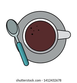 Coffee cup with spoon on disk topview cartoon vector illustration graphic design