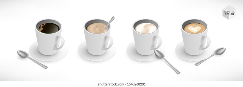 Coffee cup with spoon and saucer assortment set. Isometric black coffee, cappuccino, latte, espresso, macchiatto, mocha, americano isolated on white background. Realistic vector 3d model collection