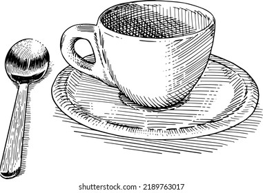 Coffee cup with spoon. Series of items for coffee. Black and white vector illustration isolated on white background.