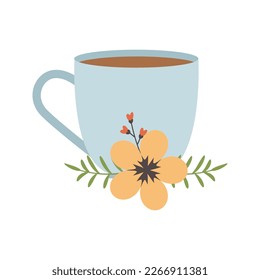 Coffee cup with spring flowers. Cute vector illustration for spring design. Flat vintage style.