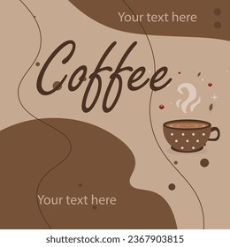 Coffee Cup Square Instagram Post Banner Abstract Background Memphis Style Beige Brown Dots Lines Vector Design
