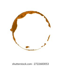 Tinción de taza de café. Anillo de café circular marrón y salpicaduras sobre fondo blanco. Marca realista de la bebida para el diseño, decoración del menú del café. Ilustración vectorial realista.