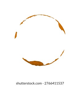 Coffee cup stain. Brown circular coffee ring and splashes on white background. Realistic beverage mark for design, cafe menu decoration. Realistic vector illustration.