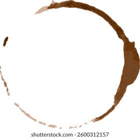 Coffee cup stain creating a brown circle on a white background, forming an abstract shape from spilled coffee. The mark adds a touch of grunge and messiness to the scene
