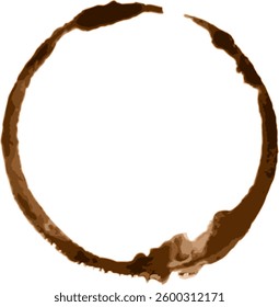 Coffee cup stain ring forming a perfect circle on a white background, ideal for concepts related to coffee, beverages, breakfast, and mornings