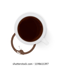 Coffee cup and coffee stain vector illustration. Top view cup of espresso with cup bottom rings and drop splashes isolated on white background. Workplace concept. Easy to edit template for flat lay.