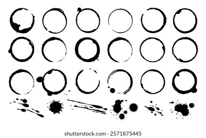 Coffee cup stains. Dark coffee spill frame. Abstract tea mug circle mark. Splashes, drops and spots. Messy coffee beverage ring, black rounded grunge stamps. Vector set.