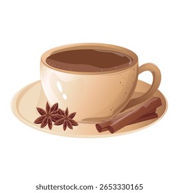 Coffee cup with star anise and cinnamon sticks. For use in cafe menus, coffee shop branding, food blogs, recipe cards, seasonal promotions, packaging for hot drinks or spice-infused beverages.