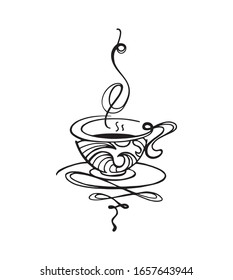 Coffee cup with steam abstract outline drawing. Hot drinks mug trendy restaurant hand drawn logo. Morning relaxation caffeine liquid illustration.