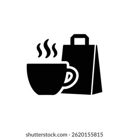 Taza de café con vapor y bolsa que representa la entrega de bebidas