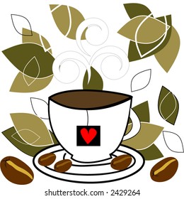 coffee cup with steam beans and leaves vector