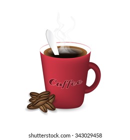 Coffee cup with steam, coffee beans and spoon. Isolated vector illustration.