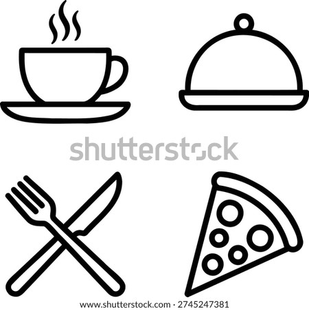 Coffee cup with steam, cloche serving dish, cutlery, pizza slice. Restaurant symbols.