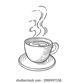 Coffee cup with steam in doodle style. Hot drink sketch isolated on white background. Vector illustration.