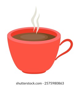 coffee cup with steam, flat design, cartoon vector illustration with red mug of hot drink