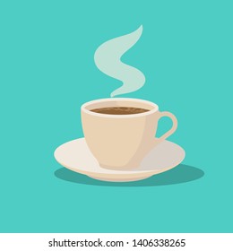 Coffee cup with steam. Fresh hot coffee on a silver platter. Cartoon style flat icon. Vector illustration design. Isolated on background. Template for posters and banners.