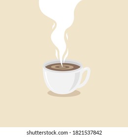 Coffee cup with steam. Fresh hot coffee on a silver platter. Cartoon style flat icon. Vector illustration design. Isolated on background.