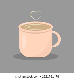 Coffee cup with steam. Fresh hot coffee on a silver platter. Cartoon style flat icon. Vector illustration design. Isolated on background.