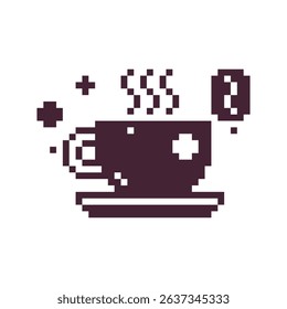 Coffee cup with steam, hot beverage, mug pixel art icon.  1-bit. Sticker design. Isolated vector illustration.