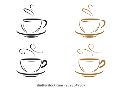 Coffee Cup with steam vector art illustration typically features stylized and simplified representation of a coffee cup, designed using clean lines and shapes, presented with black and golden color.
