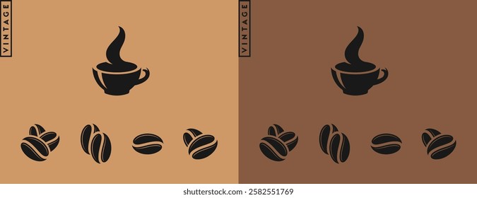 Coffee cup with steam vector. Black coffee beans with coffee cup on brown background. Hot drink vintage style