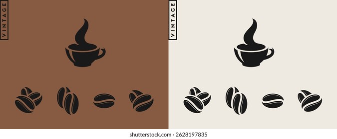 Coffee cup with steam vector. Black coffee beans with coffee cup on brown background
