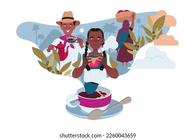 Copa de café al vapor con el hombre y la mujer amante del café con la copa Bebida caliente Aromática Vector Ilustración