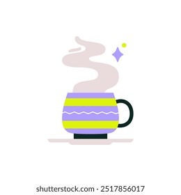 Coffee cup steaming, representing a break, relaxation, or hot beverage consumption, flat vector illustration, isolated on white background.