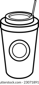 Coffee Cup with Straw for Coloring Page. Vector Illustration of Disposable Coffee Cup
