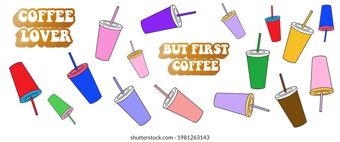 Coffee. Cup with straw. Creative Illustration. Colorful doodle style. Stickers for printing, for stationery, notebook, smartphone, water bottle, etc. High resolution and good quality. Vector EPS10. 