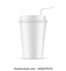 Coffee cup with straw mockup isolated on white background. Vector illustration